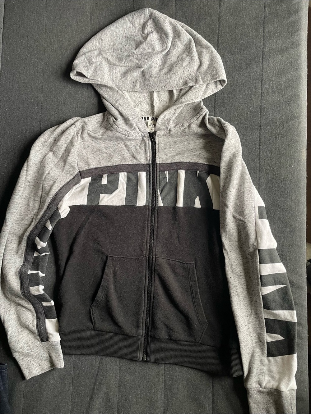 Pink by VS women’s zip up hoodie grey and black with logo, size medium